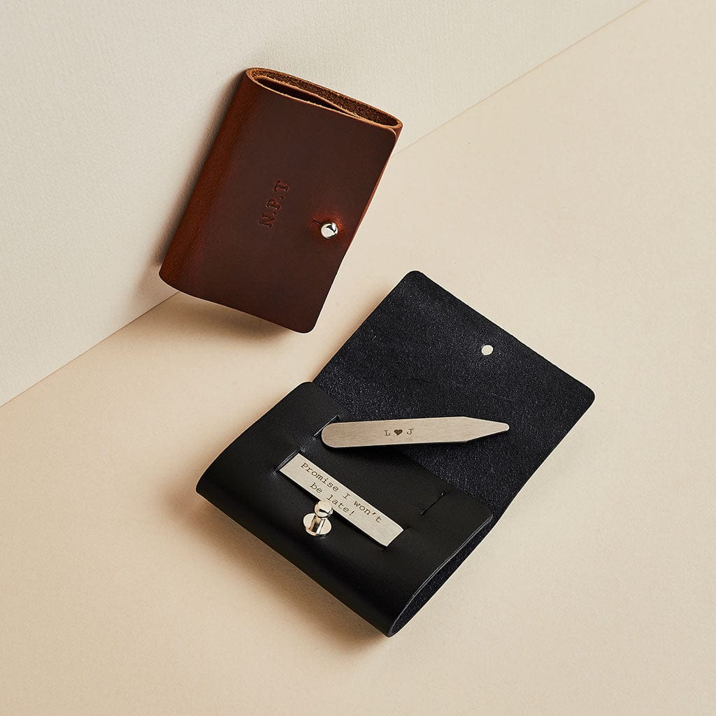 Personalised Collar Stiffeners With Leather Pouch Man & Bear