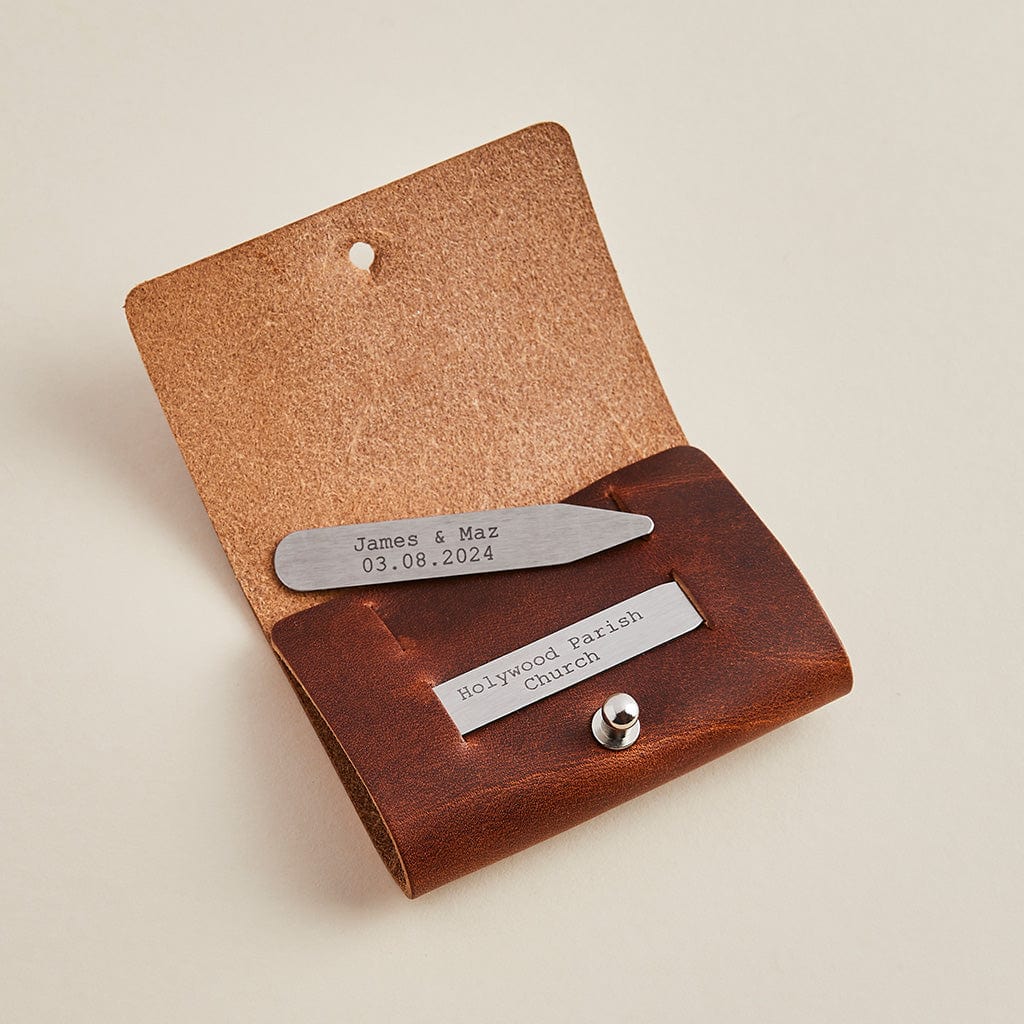 Personalised Collar Stiffeners With Leather Pouch Man & Bear