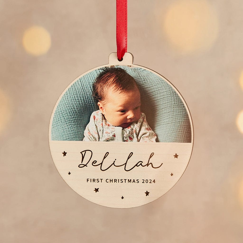 Personalised First Christmas Wooden Photo Bauble CGL