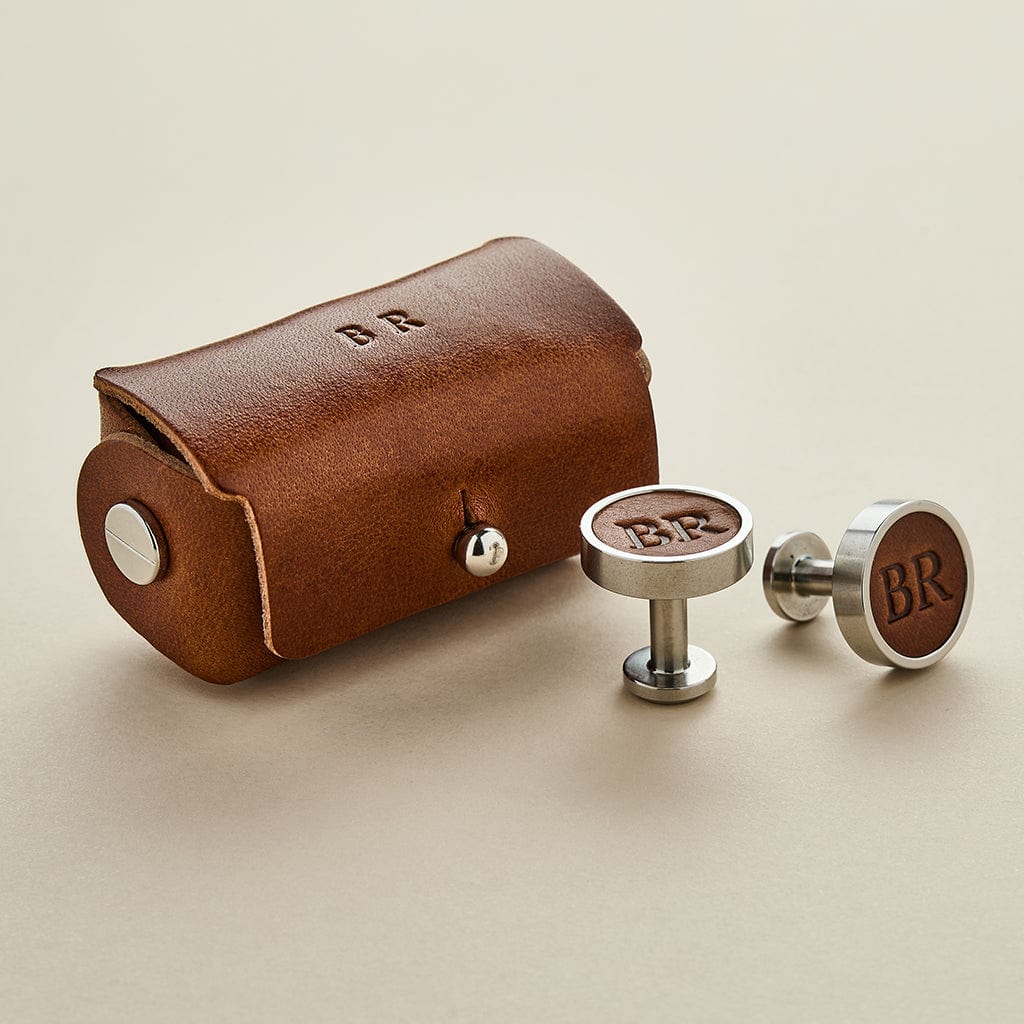 Personalised Leather and Stainless Steel Cufflinks Man & Bear