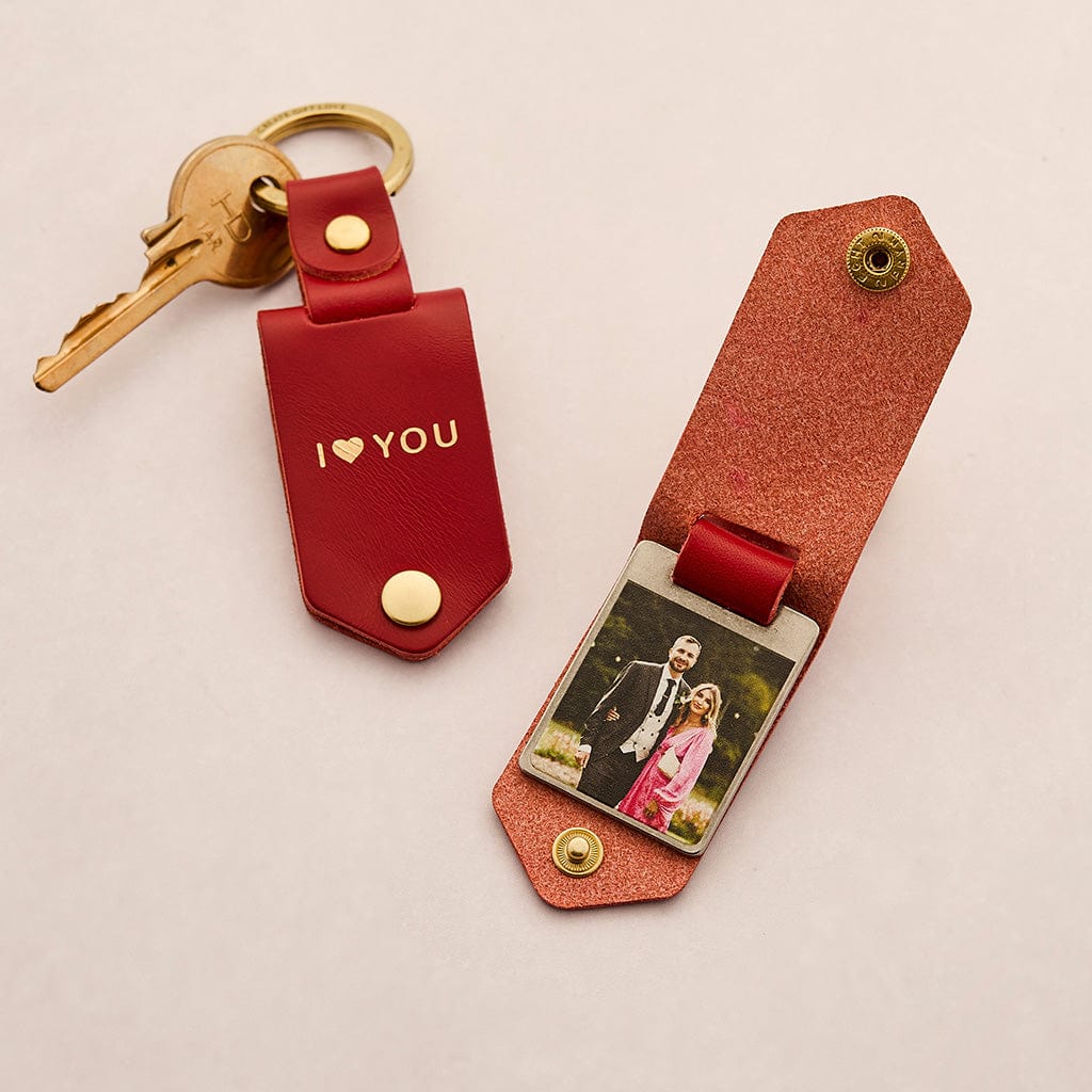 Personalised Metal Photo Keyring With Red Leather Case CGL